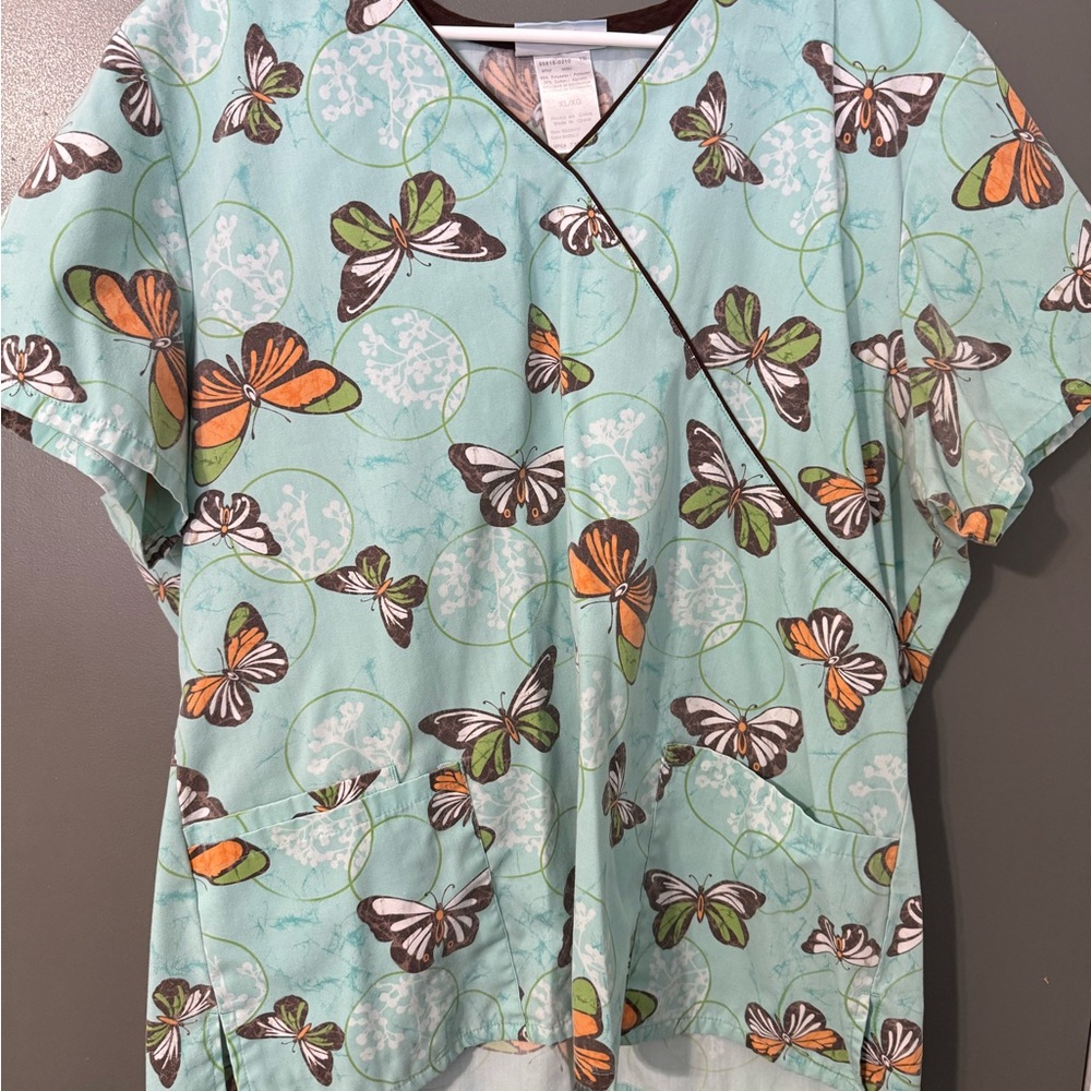 SB Scrubs Mint Butterfly Print Women's Top